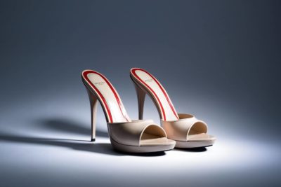 Une paire de chaussures Ernest beiges à talons hauts et à bout ouvert avec des semelles intérieures rayées rouges et blanches est exposée sur un fond gris dégradé. Capturées par un photographe parisien, les chaussures projettent des ombres douces et l'éclairage accentue leur design élégant et épuré, incarnant une mode intemporelle.