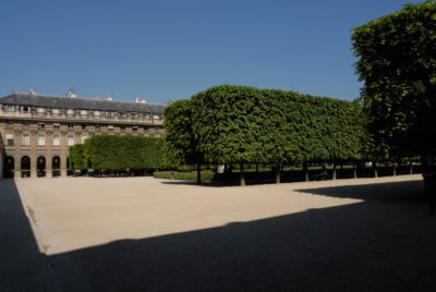 Un jardin intérieur bien entretenu avec de grands arbres de forme carrée soigneusement alignés, créant des motifs d'ombre sur le sol sablonneux. En arrière-plan, il y a un bâtiment historique avec des fenêtres cintrées et des lucarnes sur le toit. Le ciel est clair et bleu, une scène idéale pour un photographe de Thomas Duclert.